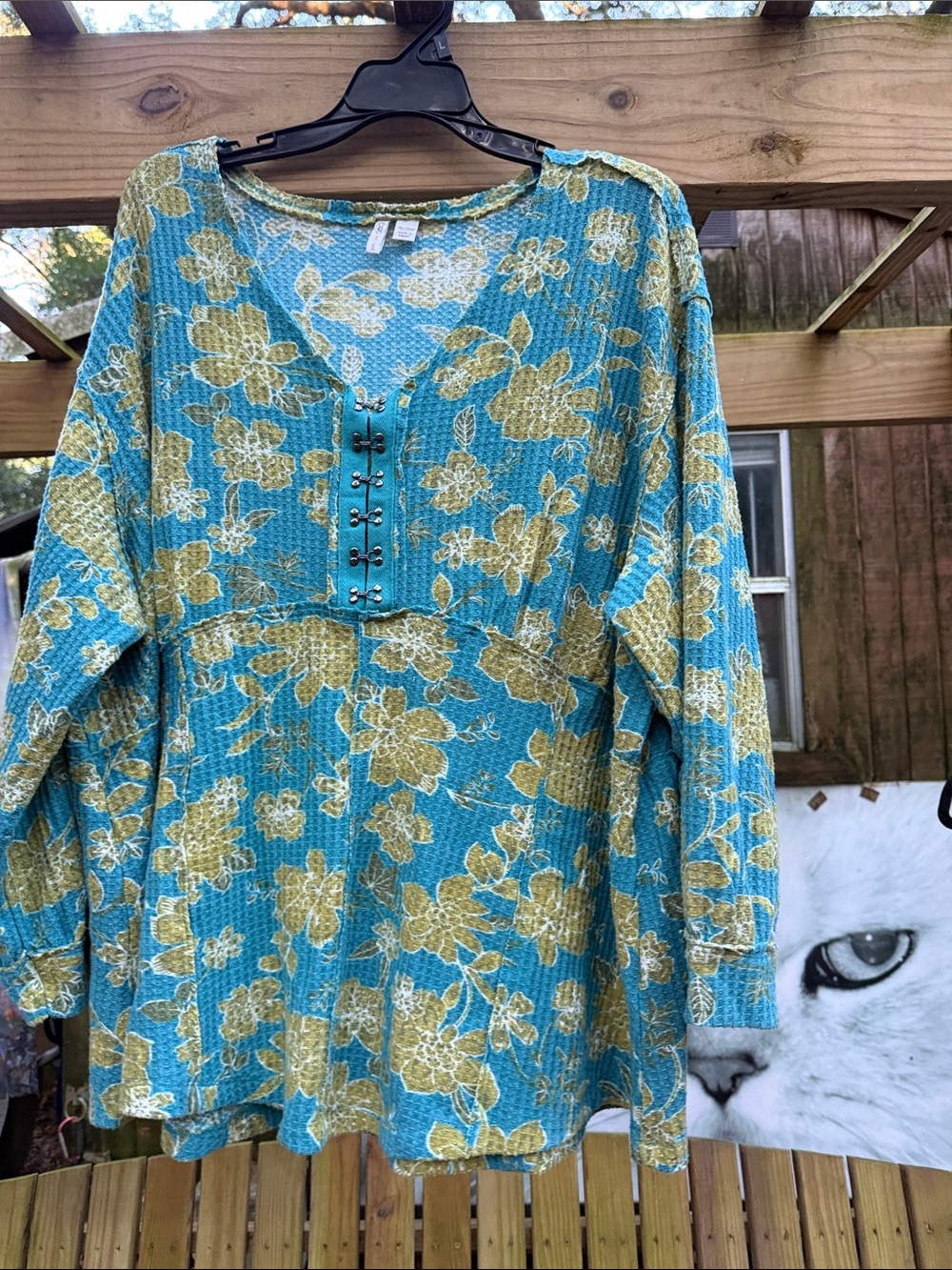 Cato Teal and Mustard Floral Peasant Top 26/28w soft long sleeve